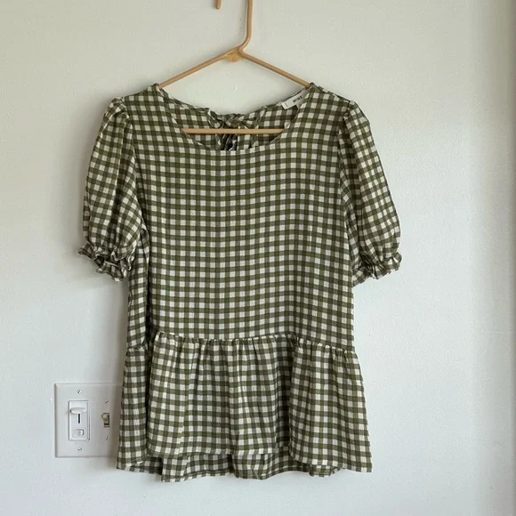 SALE NWT Olive Green Gingham Short Sleeve Top Preppy Cottagecore Fairycore Boho - Picture 2 of 6